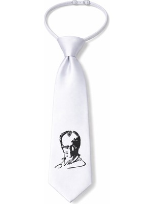 Herşey Nota Çocuk Beyaz Atatürk Imzalı Lastikli Kravat Ayarlanabilir Unisex