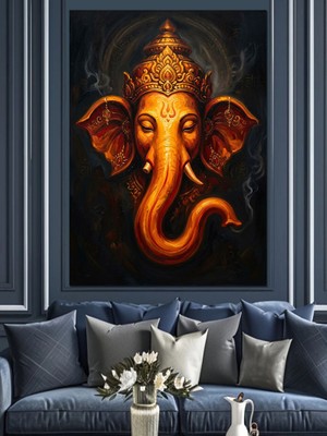 Artmeg Altın Süslemeli Fil Başlı Ganesha Dekoratif Kanvas - Mdf Ahşap Tablo