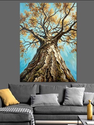 Karizma Tablo Gökyüzüne Uzanan Altın Hayat Ağacı Dekoratif Kanvas - Mdf Ahşap Tablo