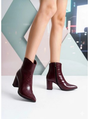 v.s.h velvet Kadın Klasik Kroko Sivri Burun Kalın Topuklu Yandan Fermuarlı Kadın Bot