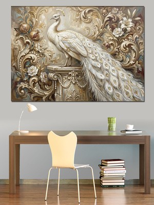 Karizma Tablo Beyaz Tavuskuşu ve Altın Sarısı Çiçekler Dekoratif Kanvas - Mdf Ahşap Tablo