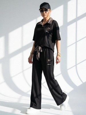 Mint 7539 Leopar Yakalı Kemerli Takım Siyah