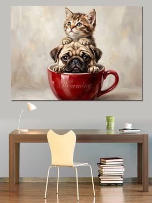 Karizma Tablo Fincan Içinde Kedi Köpek Dostluğu Dekoratif Kanvas - Mdf Ahşap Tablo