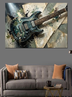 Artmeg Elektro Gitar ve Renk Sıçramaları Dekoratif Kanvas - Mdf Ahşap Tablo
