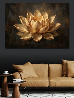 Karizma Tablo Altın Renkli Lotus Çiçeği Sanatı Dekoratif Kanvas - Mdf Ahşap Tablo