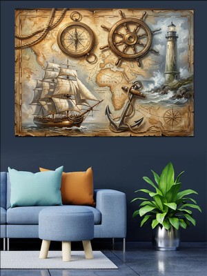 Karizma Tablo Eski Dünya Haritası ve Pusula Dekoratif Kanvas - Mdf Ahşap Tablo