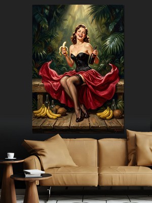 Artmeg Kırmızı Elbiseli Vintage Pin-Up Kadın Dekoratif Kanvas - Mdf Ahşap Tablo