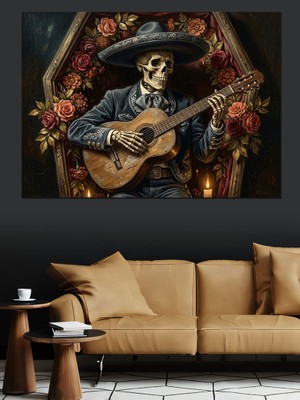 Karizma Tablo Gitarlı Iskelet ve Çiçekli Çerçeve Dekoratif Kanvas - Mdf Ahşap Tablo