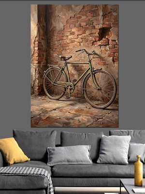 Artmeg Tuğla Duvara Yaslanmış Eski Bisiklet Dekoratif Kanvas - Mdf Ahşap Tablo