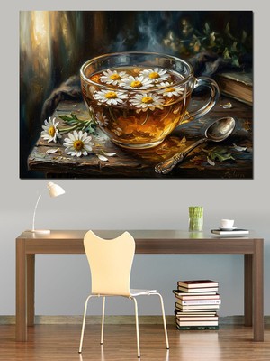 Karizma Tablo Papatya Çaylı ve Çiçekli Natürmort Dekoratif Kanvas - Mdf Ahşap Tablo