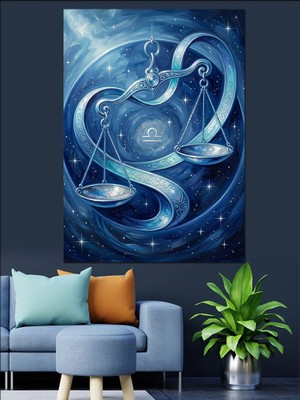 Karizma Tablo Mavi Işıklı Adalet Terazi Burcu Dekoratif Kanvas - Mdf Ahşap Tablo