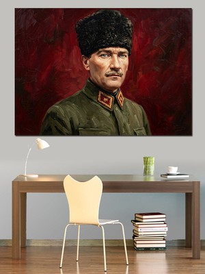 Artmeg Kalpaklı Atatürk Portresi Sanatsal Tablo Dekoratif Kanvas - Mdf Ahşap Tablo