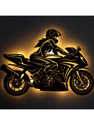 Lucenda LED Işıklı Kadın Motorcu Silüet Tablo Modern Motosiklet Duvar Dekoru