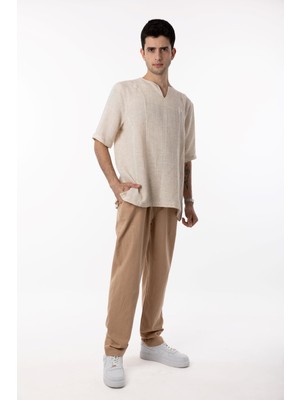 Qaviya Erkek Krem / Bej V Yaka Düşük Omuz Pamuklu Oversize Tişört / Bluz