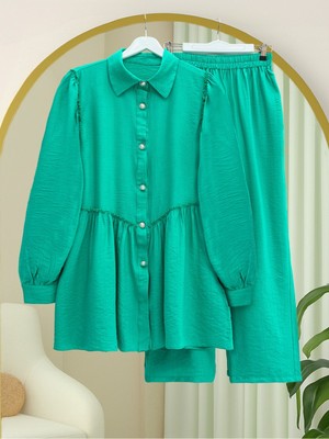 Moda Morfo Omzu ve Önü Büzgülü Inci Düğmeli Takım -A.yeşil