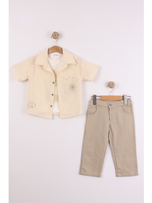 Joy Kids Erkek Çocuk %100 Pamuk Müslin Gömlekli Keten Pantolonlu Rahat Takım (2-5yaş) (Bej)