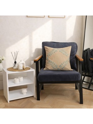 Luna Bueno Mint Yaprak Nakışlı Keten Dokulu Kırlent