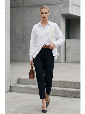 Lupinn Kadın Beyaz Gömlek Düz Nakış Detaylı Uzun Kollu Oversize Şık Günlük Smart Casual Bluz - Kadın Gömlek