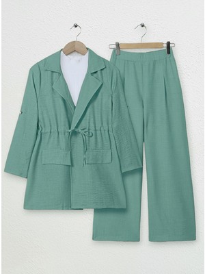 Moda Morfo Kapaklı Tünel Köprülü Ceketli Keten Takım   -Mint