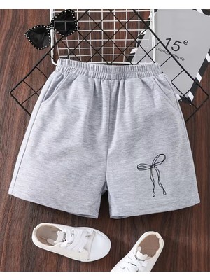 Haha Kız Çocuk Yazlık Gri Fiyonk Baskılı Şort
