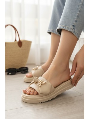 Enoch Kadın Ortopedik Tabanlı Arı Figürlü Gold Aksesuar Detaylı Puf Bantlı Terlik