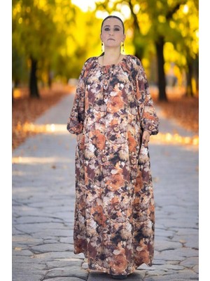 Yagmur Beren Çiçek Desenli Madonna Yaka Kol Ağzı Lastikli Cepli Geniş Kesim Viskon Battal Büyük Beden Elbise