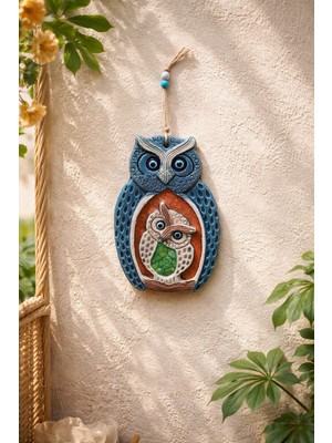 Marena Home Baykuş Duvar Süsü 13X20 Cm, Seramik Nazarlıklı, Renkli, Dekoratif Askılı, Anne Yavru Figürlü, Bohem