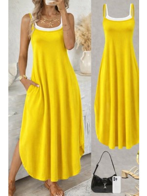 Flamex Kadın Ip Askılı Yuvarlak Yakalı Cepli Uzun Viskon Elbise