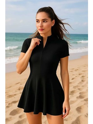 Miss Ledonna Kadın Siyah Etekli Şortlu Mayo Yaz Için Likralı Fermuarlı Model Düz Desen