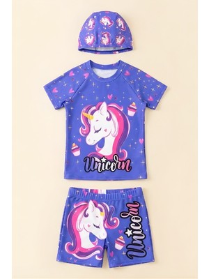 Modanino Kız Çocuk 3'lü Mayo Takımı (Şort+Üst+Bone) 2-8 Yaş 12585N