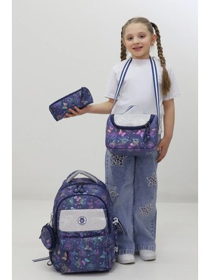 Probag Kız Çocuk Okul Çantası 3lü Set Lacivert Çiçek Desenli Parlak Kapaklı Ilkokul Set