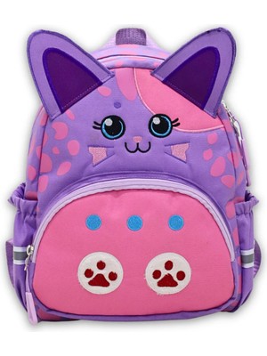 Probag Anaokulu Kız Çocuk Sırt Çantası Sevimli Kedi Figürlü Mor Pembe Desenli