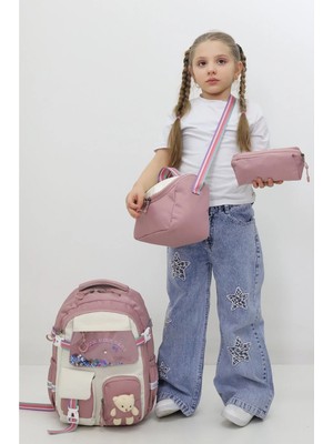 Probag Kız Çocuk Okul Çantası 3lü Set Beslenme Kalemlik Peluş Aksesuarlı Pudra Ilkokul Anaokulu