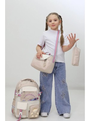 Probag Kız Çocuk Okul Çantası 3lü Set Beslenme Kalemlik Peluş Aksesuarlı Krem Ilkokul Anaokulu
