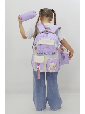Probag Kız Çocuk Okul Çantası 3lü Set Beslenme Kalemlik Peluş Aksesuarlı Lila Ilkokul Anaokulu