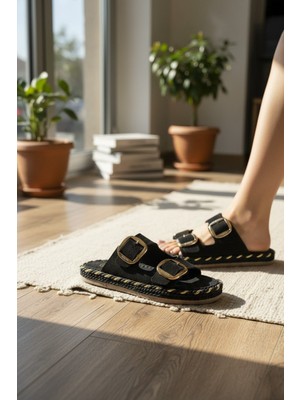 Enoch Kadın Ortopedik Tabanlı Hasır Halat Detaylı Gold Tokalı Çift Bantlı Terlik