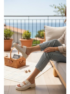 Enoch Kadın Ortopedik Tabanlı Gold Kare Toka Detaylı Çift Bantlı Terlik