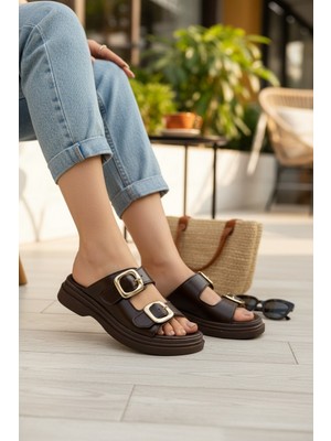 Enoch Kadın Ortopedik Tabanlı Gold Kare Toka Detaylı Çift Bantlı Terlik