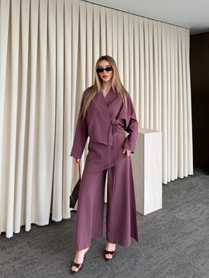 Laluvia Gül Kurusu Pantolon Ek Parça Detaylı Kimono Takım - 8009