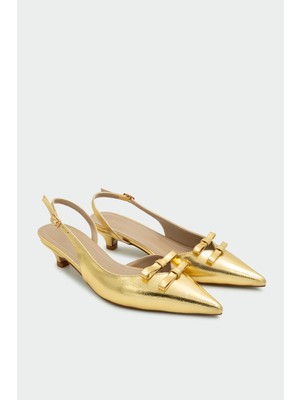 Laminta Epsy Fiyonk Detaylı Kadın Gold Topuklu Ayakkabı