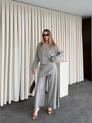 Laluvia Haki Pantolon Ek Parça Detaylı Kimono Takım - 8009