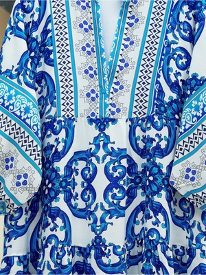 Moda Morfo V Yaka Yarasa Kol Parçalı Viskon Elbise -Koyu Mavi