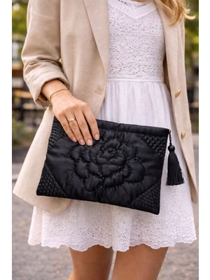 Ky Atelier Siyah Saten Kapitone Portföy Çanta- El Yapımı Clutch- Abiye & Günlük Kullanım- Şık Kadın Çanta