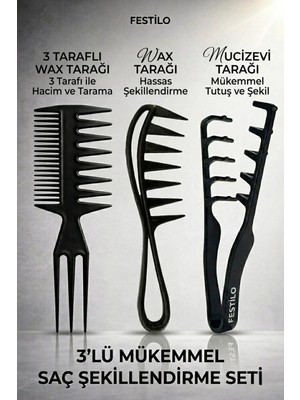 Festilo Mucizevi Saç Şekillendirme Seti 3'lü Tarak Seti Wax Tarağı Hacim Tarağı