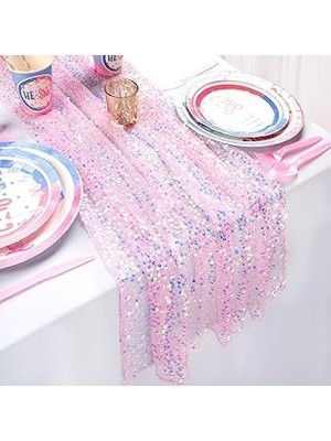 SHC4200 Queendream Pembe Masa Koşucusu 10FT Parıltılı Yanardöner Pullu Masa Koşucusu 55 x 250 cm Gelin Bebe