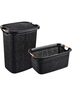Poomy Ahşap Saplı 60 Litre Kirli Çamaşır Sepeti + 30 Litre Ahşap Saplı Çamaşır Sepeti Seti CN605.606SY