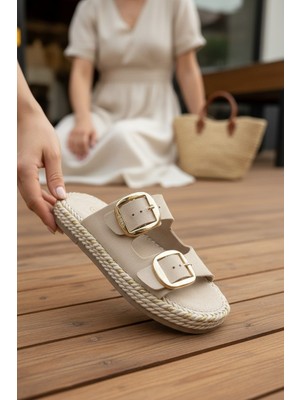 Enoch Kadın Ortopedik Tabanlı Hasır Halat Detaylı Gold Tokalı Çift Bantlı Terlik