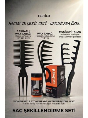 Festilo Mucizevi Hacim ve Dalga Saç Şekillendirme Tarak Seti Kadınlara Özel 4'lü Wax ve Şekil Tarak Seti