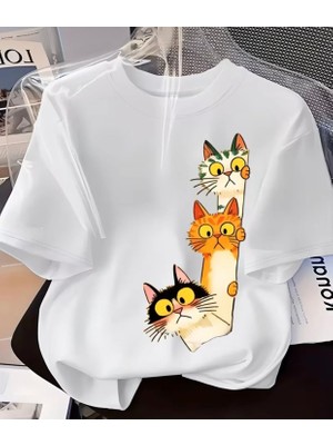 Punix Kids Özel Seri Meraklı Kedicikler Baskılı %100 Pamuk Yeni Trend Kız Çocuk T-Shirt
