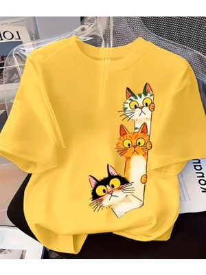 Punix Kids Özel Seri Meraklı Kedicikler Baskılı %100 Pamuk Yeni Trend Kız Çocuk T-Shirt
